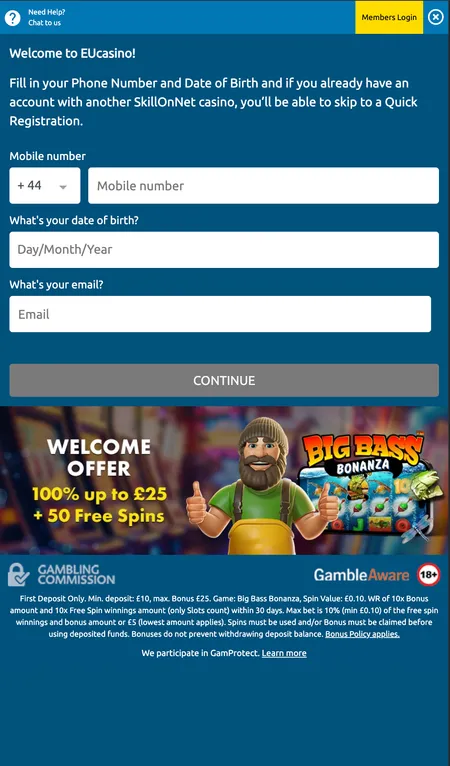 First step of EU Casino account creation form
